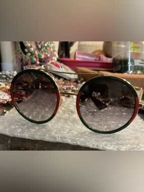 Gucci Round Sunglasses Green and Red Trim